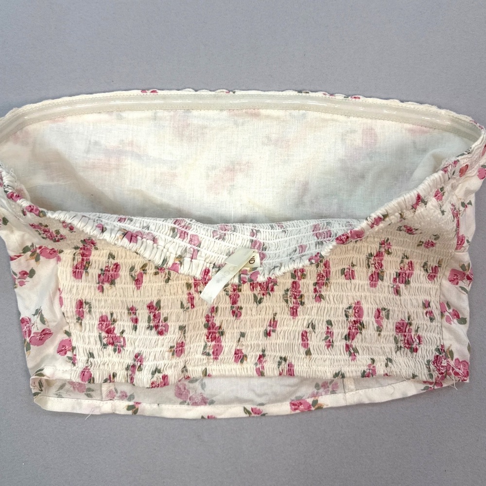 Moon Orchid Floral Tube Top Cream Pink Rose Lace Trim Smocked Back Medium - Picture 6 of 9